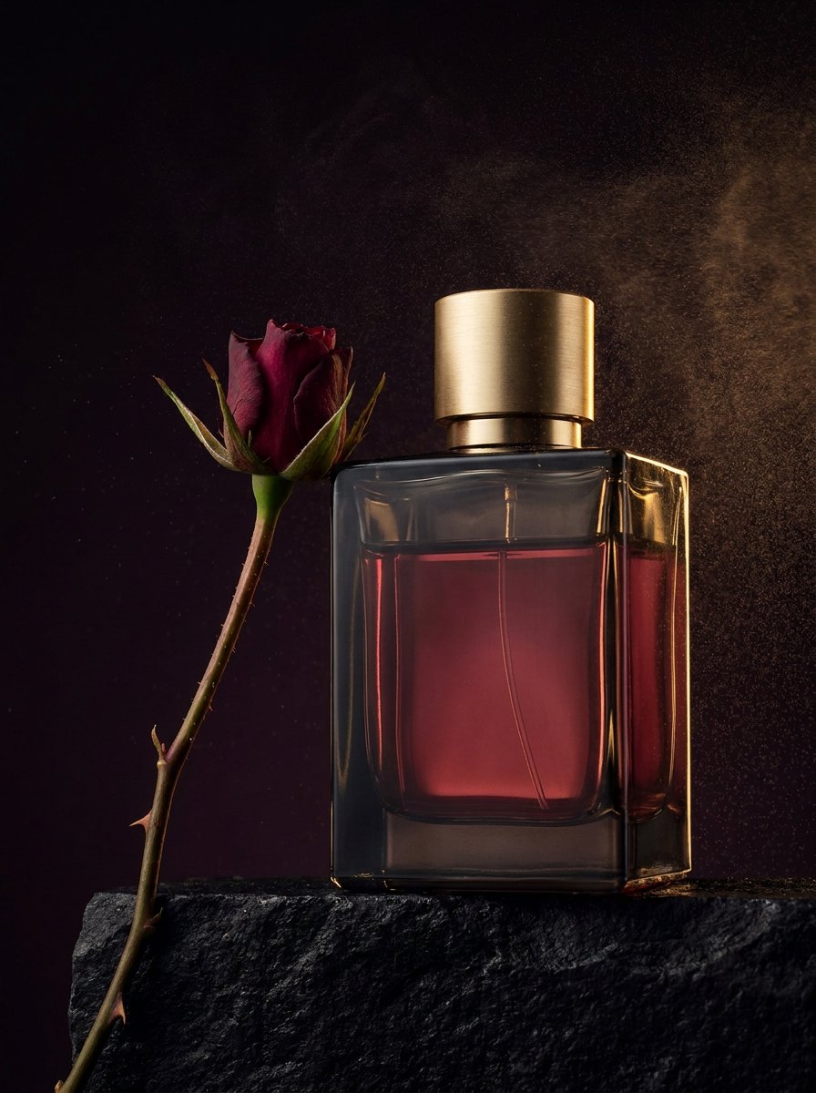 Flacone di For Solen: vetro fumé scuro, tappo oro, una rosa con le spine accanto