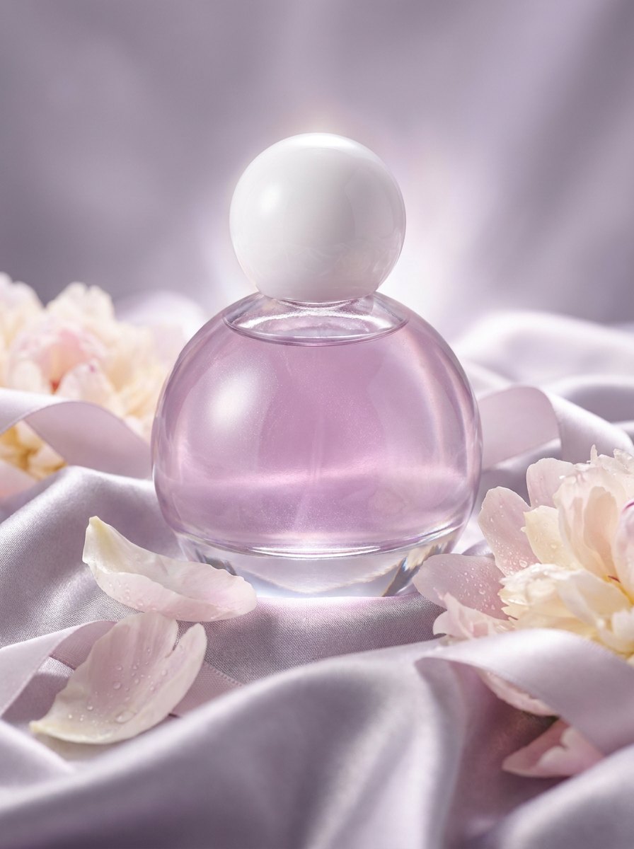 Flacone di For Sophie: vetro chiaro bombato, tappo a sfera, petali di peonia